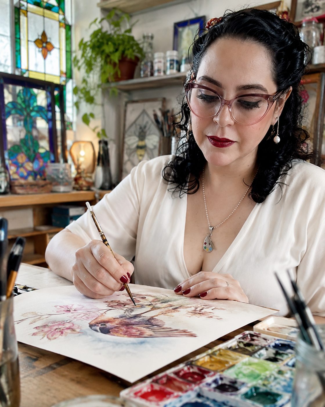 Ruth María pintando en su estudio